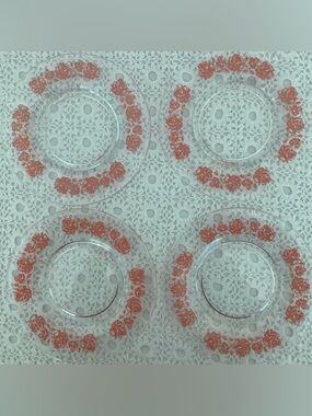 S/4 Vintage Glass Dessert Plates w/ Pink Roses